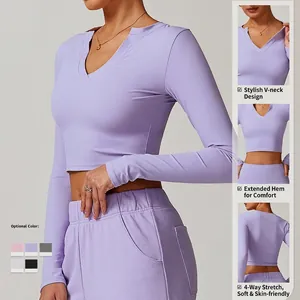 Tight-fitting long sleeve yoga crop top with V-neck and four-way stretch fabric
