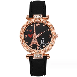 Orologio quarzo moda con cinturino in pelle nera e quadrante Torre Eiffel