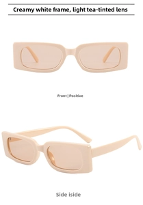 Close-up detail of retro cream-white rectangular frame sunglasses with tea-tinted lenses