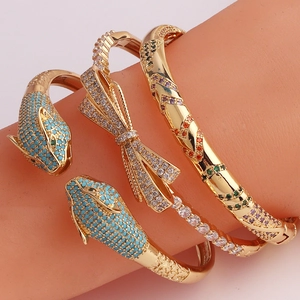 Leopard Head Bow Knot Bangle 18K Gold Plated Brass Colorful Zirconia Inlaid Luxury Hip Hop Jewelry For Women