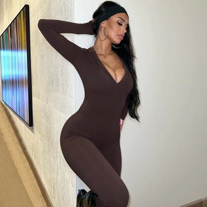 Slim fit brown ribbed long sleeve jumpsuit for women with deep V-neck for spring fashion