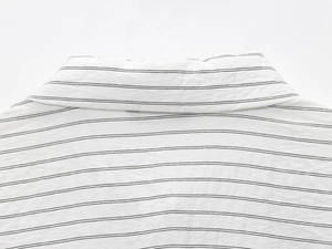 Close-up of the striped shirt collar featuring delicate lace trim and fine stitching detail