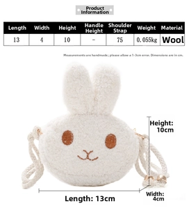Detailed dimension chart showing size 13x10x4cm for the cute plush rabbit girls bag