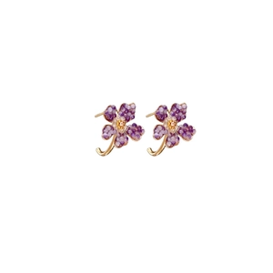 Elegant purple crystal flower C-shaped hoop earrings with gold accents on white background