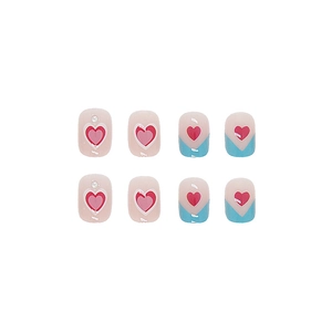 Pink and blue press-on nails set with heart patterns and rhinestones for women