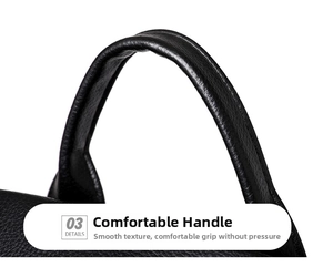 Close-up of the black leather textured handle on a modern minimalist backpack