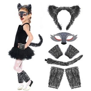 5-piece wolf costume set with grey faux fur ears tail and mask for kids and women halloween