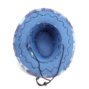 Deep blue denim cowboy hat with frayed edges and adjustable windproof chin strap