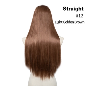 Rear view of sleek light golden brown #12 straight synthetic hair extension on white background