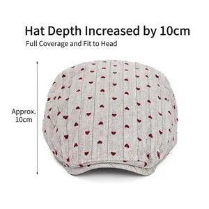 Gray flat cap with red heart pattern and 10cm depth for women in retro Japanese style