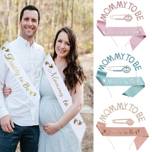 Mommy and Daddy to Be sash set with rhinestone headband and pins for baby shower parties