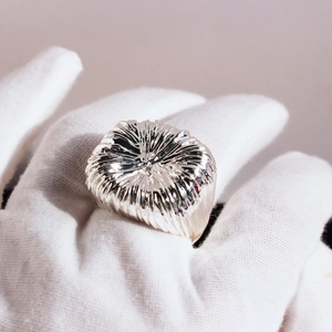 Silver ball ring with unique firework brushed texture and creative 3D relief design