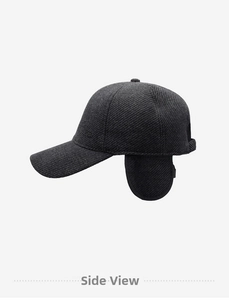 Detail view of charcoal wool baseball cap with warm ear flaps and side metal accents