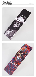 Detailed view of hair salon highlight boards featuring artistic skull pattern designs