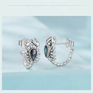 Detailed view of S925 sterling silver scorpion earrings with pear-shaped colorful gems