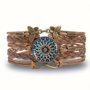 Handmade multilayer leather bracelet with mandala gemstone and bronze butterfly charms