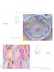 Detail of handmade dreamcatcher featuring woven mesh and pastel pink feathers decoration