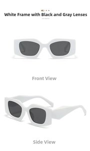 Front and side view of geometric white frame sunglasses with dark grey lenses