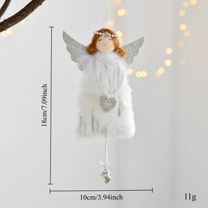 Detailed view of plush Christmas angel ornament with size 18cm by 10cm and festive bell