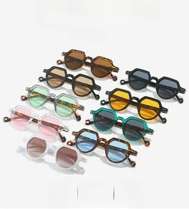 Grid display of nine various colored geometric frame sunglasses with unique temple design