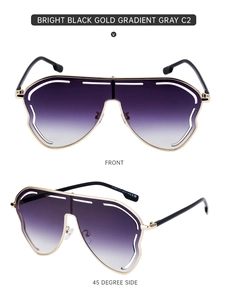 Front and 45-degree side view of oversized gradient sunglasses with gold metal frames
