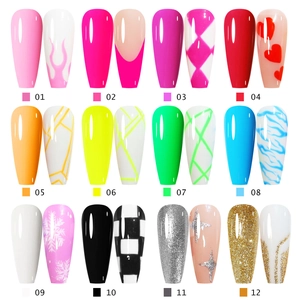 Set of 12 multi-style press-on nails with solid colors, French tips, and 3D geometric patterns