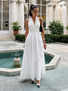 Women Cotton Halter Maxi Dress Summer Deep V Neck Backless High Waist A-Line Big Hem French Resort Vacation Elegant
