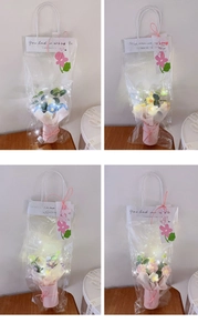 Detailed grid view of four crochet flower bouquets in PVC gift bags with warm LED lights