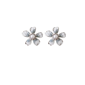 Silver flower earrings with blue cracked crystal petals and pearl centers