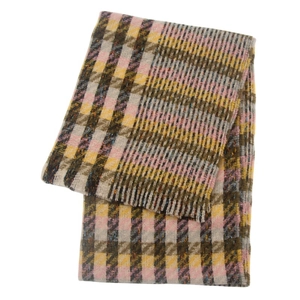 Detail shot of multicolor plaid scarf featuring fringe edges and soft cashmere-like texture