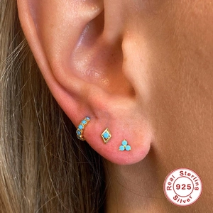 Cute S925 sterling silver gold-plated turquoise three-leaf clover stud earrings for women