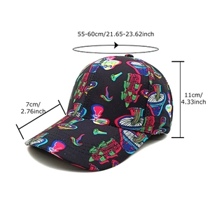 Distressed black baseball cap with vibrant mushroom and leopard print for women
