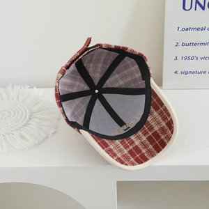 Red plaid tweed kids baseball cap with reinforced inner stitching and vintage style