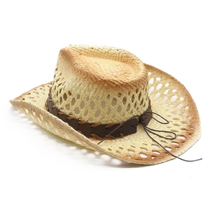 Western style woven straw cowboy hat with brown leather band shown at a 45-degree angle