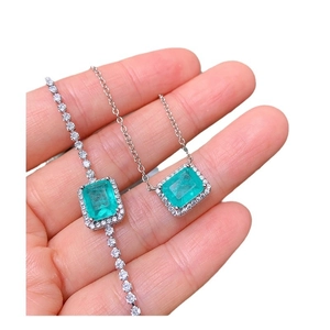 Elegant silver jewelry set featuring square Paraiba zircon necklace and bracelet for women