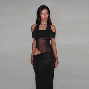 Sexy schwarzes Off-Shoulder Maxikleid mit Mesh-Patchwork und Taillenausschnitt