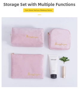 Detailed set of three pink flannel cosmetic bags with elegant gold zipper and embroidery