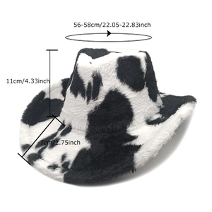 Cappello da cowboy in peluche con stampa mucca e tesa larga dallo stile western
