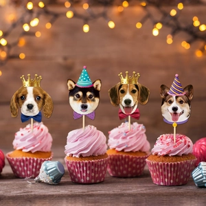 Puppy themed birthday cake toppers with cute dogs in party hats on wood background