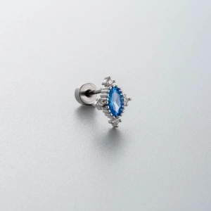 Blue zircon heart earring in silver titanium steel with screw back closure