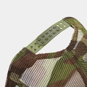 Close-up of camouflage mesh trucker hat with adjustable plastic snapback strap