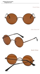 Three-angle views of vintage round bronze sunglasses with tea-colored polarized lenses