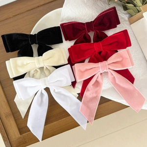 Velvet Bow Hair Clip Double Layer Long Streamer French Retro Elegant Headwear For Women Girls Solid Color Accessory