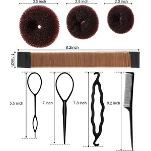Size chart for hair styling tool set including donut bun makers and pull hair pins