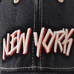 Black vintage denim baseball cap with 3D NEW YORK embroidery and white stitching details