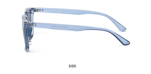 Side view of light blue transparent square frame glasses showing E2139 model detail