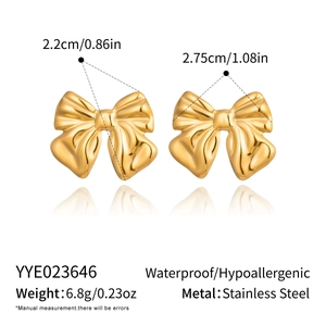 Detailed specs of gold bow knot stainless steel earrings with size and weight info