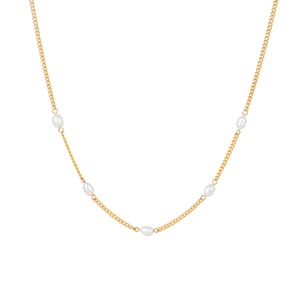 Collana in acciaio inossidabile oro 18k con 5 perle d'acqua dolce su sfondo bianco