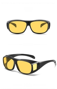 Front and 45-degree side view of black frame yellow lens night vision driving glasses