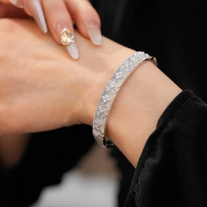 Macro shot of a brushed silver bangle featuring sparkling zircon-encrusted clover patterns